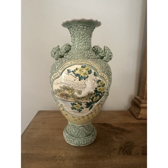Other - Antique Japanese Heavy Moriage Vase With Hand Painted Crane. 10”T